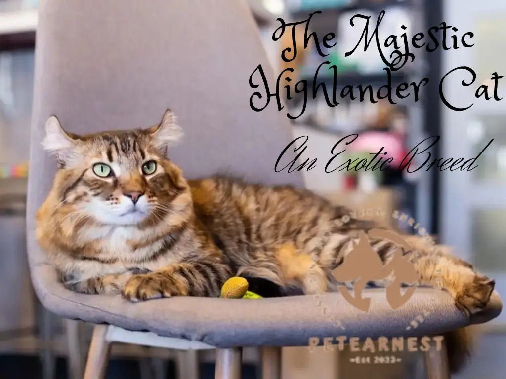 A serious looking Highlander cat breed lying down on a chair indoors - An Exotic Breed
