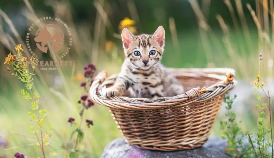 A cute kitten, a purebred Bengal cat, lounging in a basket outdoors on a summer day