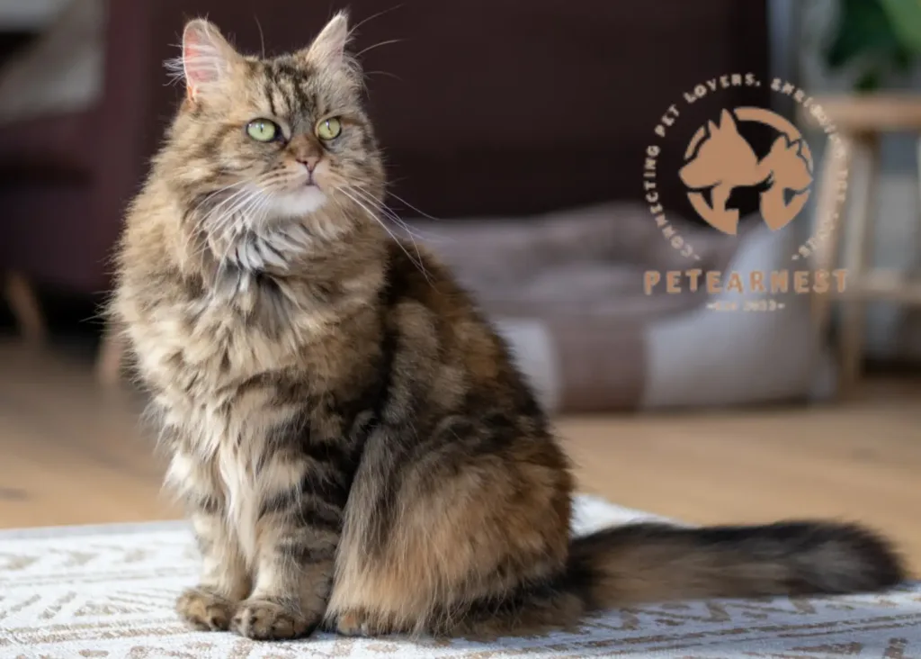 A majestic Maine Coon cat with luxurious long hair and piercing yellow eyes, sitting on a soft brown carpet.