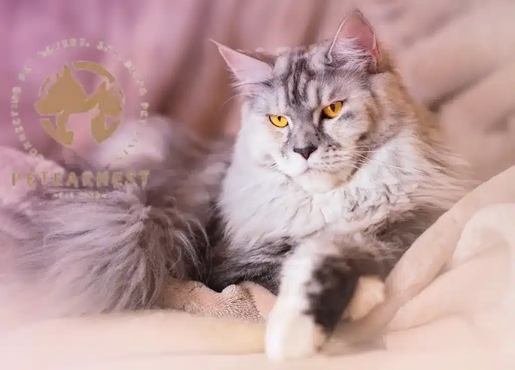 A striking portrait of a grey and silver Maine Coon Cat with piercing yellow eyes, showcasing its allure and affectionate nature as a good pet option.