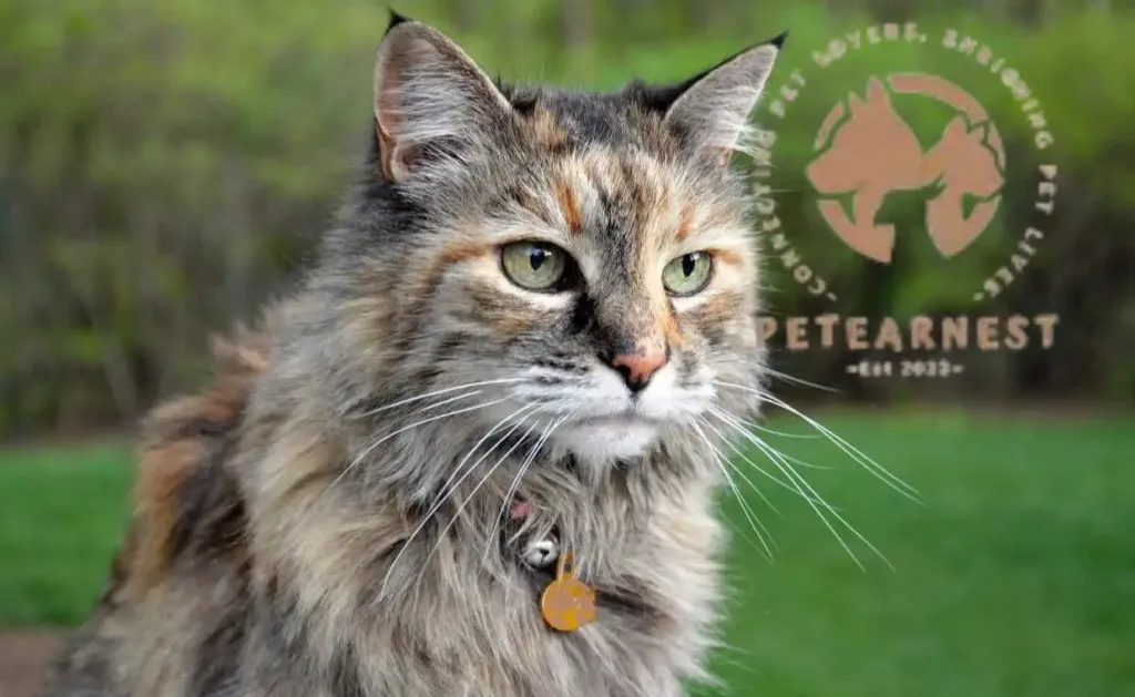 A beautiful portrait of a Maine Coon Cat lounging in a garden surrounded by greenery. The long haired grey and brown feline has a serene expression on its face, showcasing its gentle and affectionate nature as a good pet. Perfect for cat lovers and garden enthusiasts alike.